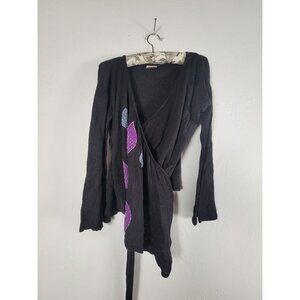 Synergy Women’s Boho Wrap Cardigan Medium Black Knit Sweater with Leaf Appliqué